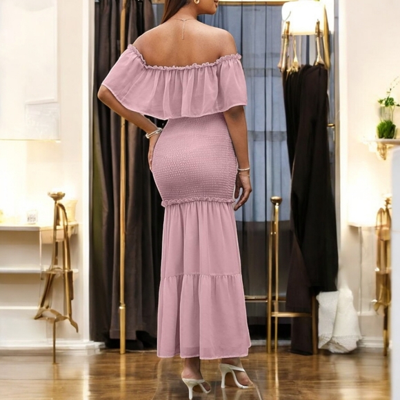 BerryGo Women's Elegant Maternity Off The Shoulder Ruffle Bodycon Maxi Dress, XL - Picture 2 of 12